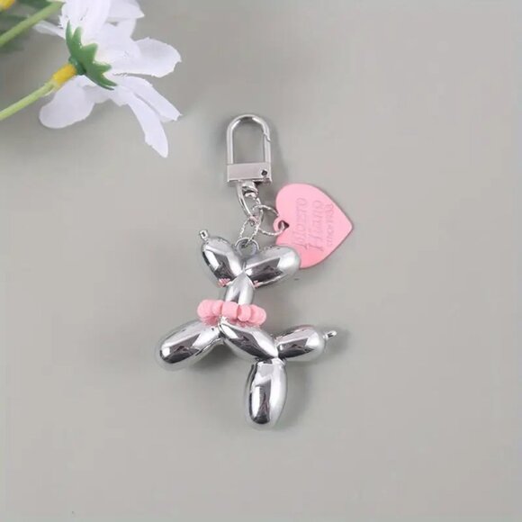 Set of 2 Cute Balloon Dog with necklace & heart Charm Keychains Mirror Style - Picture 5 of 8